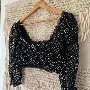 For Love & Lemons Black Metallic Sequin Crop Top